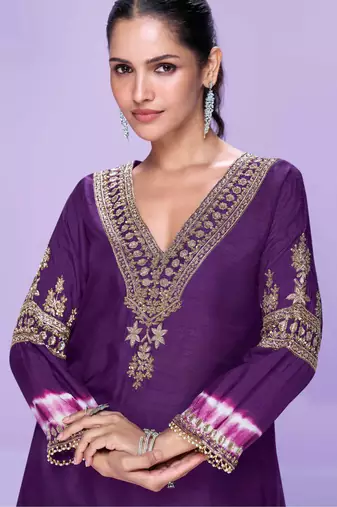 Purple embroidered,mirror, sequins,printed silk a-line high low kurti pant suit-free size stitching (size upto 42")