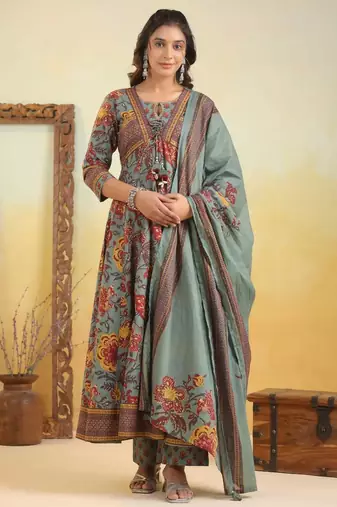 Teal Green Floral Printed Anarkali Kurta Set with Dupatta