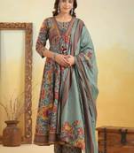 Teal Green Floral Printed Anarkali Kurta Set with Dupatta