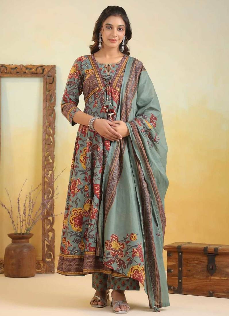 Teal Green Floral Printed Anarkali Kurta Set with Dupatta