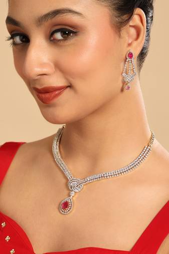 American diamond crimson knot necklace set