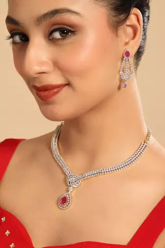 American diamond crimson knot necklace set