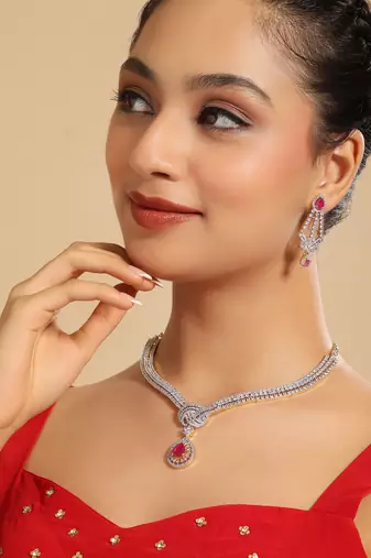 American diamond crimson knot necklace set