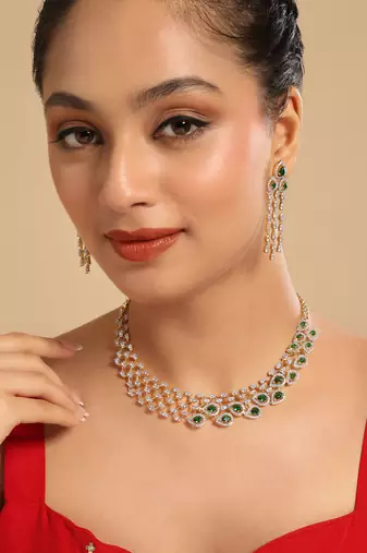 American diamond emerald fern dew necklace set