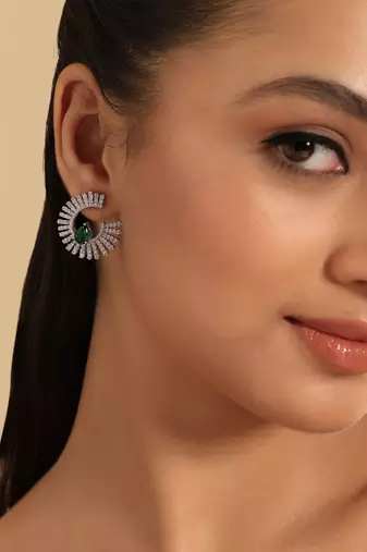 Rhodium plated celestial emerald spark stud earrings