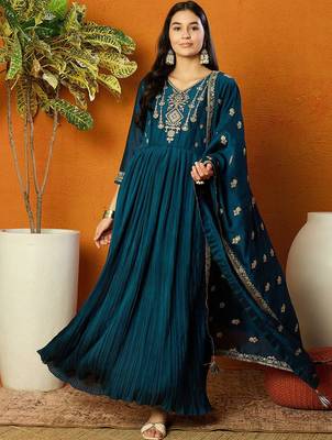 Trendmalls Vichitra Silk Embroidery Salwar Suit Set Anarkali Kurta Set with Dupatta 1