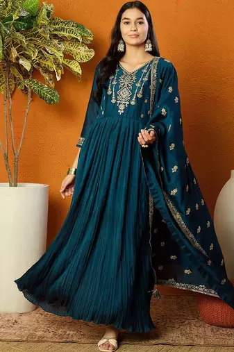 Vichitra Silk Embroidery Salwar Suit Set Anarkali Kurta Set with Dupatta