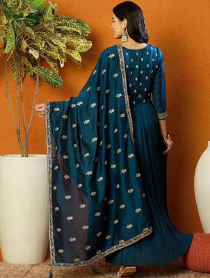 Trendmalls Vichitra Silk Embroidery Salwar Suit Set Anarkali Kurta Set with Dupatta 3