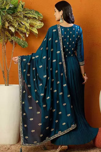 Trendmalls Vichitra Silk Embroidery Salwar Suit Set Anarkali Kurta Set with Dupatta