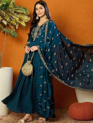 Trendmalls Vichitra Silk Embroidery Salwar Suit Set Anarkali Kurta Set with Dupatta 4