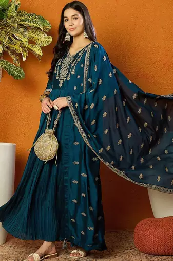 Trendmalls Vichitra Silk Embroidery Salwar Suit Set Anarkali Kurta Set with Dupatta
