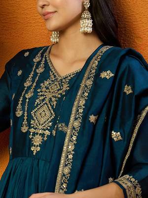 Trendmalls Vichitra Silk Embroidery Salwar Suit Set Anarkali Kurta Set with Dupatta 5