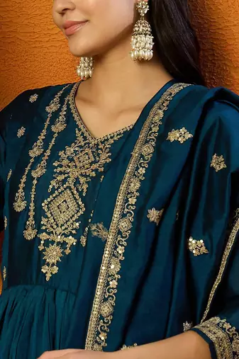 Trendmalls Vichitra Silk Embroidery Salwar Suit Set Anarkali Kurta Set with Dupatta