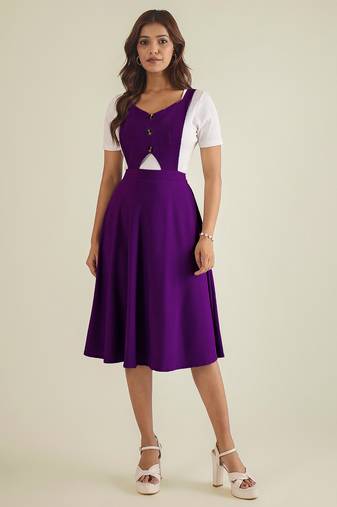 women purple solid pinafore dress with button