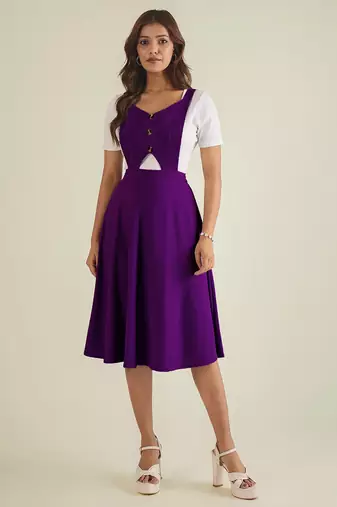 women purple solid pinafore dress with button