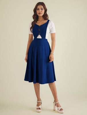 women blue solid pinafore dress with button 1