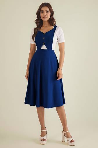 women blue solid pinafore dress with button