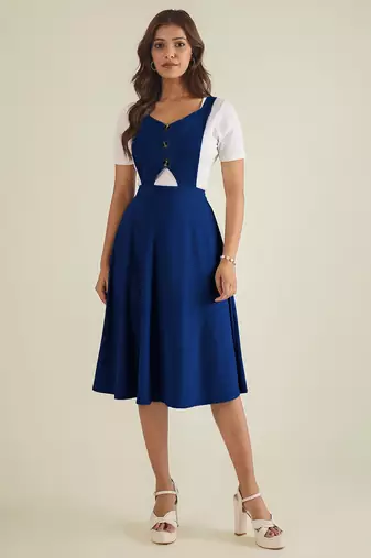 women blue solid pinafore dress with button