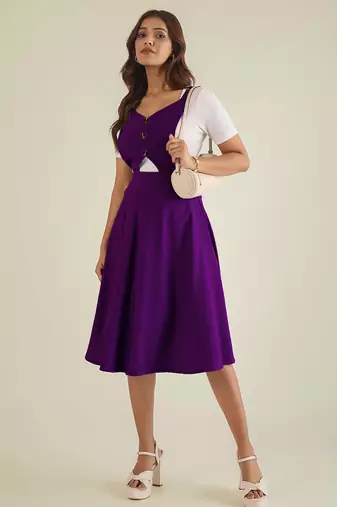 women purple solid pinafore dress with button