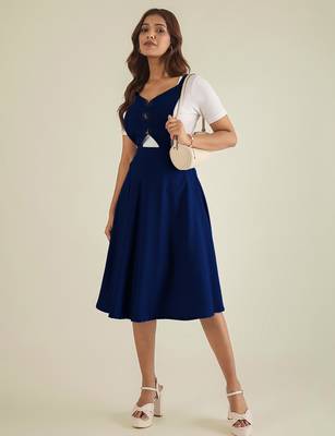 women blue solid pinafore dress with button 2