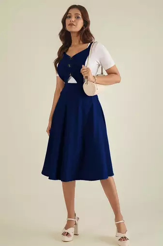 women blue solid pinafore dress with button