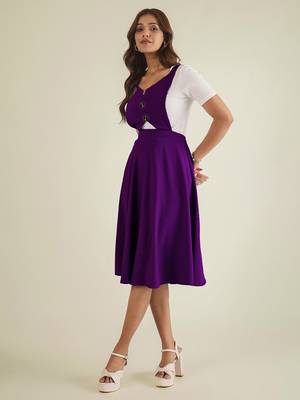 women purple solid pinafore dress with button 3