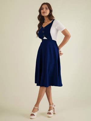 women blue solid pinafore dress with button 3