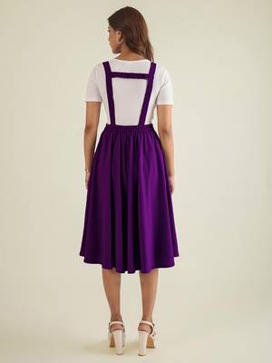 women purple solid pinafore dress with button 4