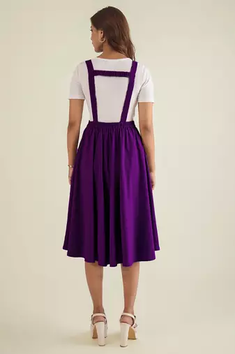 women purple solid pinafore dress with button
