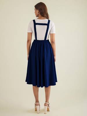 women blue solid pinafore dress with button 4