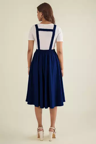 women blue solid pinafore dress with button
