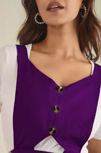 women purple solid pinafore dress with button
