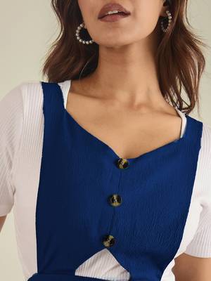 women blue solid pinafore dress with button 5