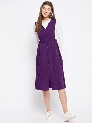 women purple solid pinafore dress with button 1