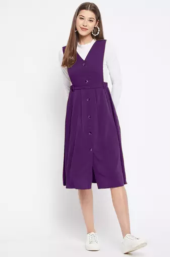 women purple solid pinafore dress with button