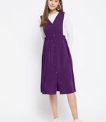 women purple solid pinafore dress with button