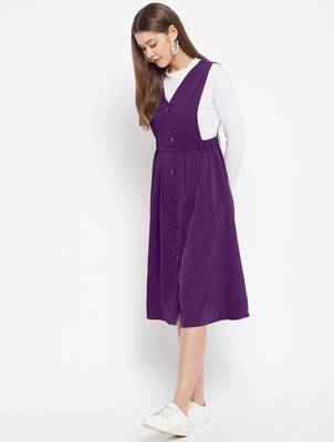 women purple solid pinafore dress with button 2