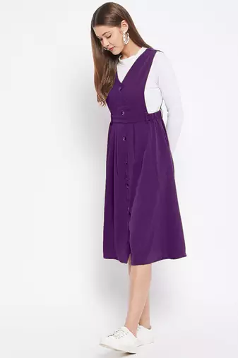 women purple solid pinafore dress with button