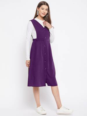 women purple solid pinafore dress with button 3