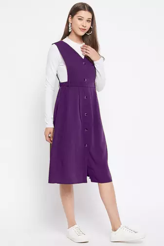 women purple solid pinafore dress with button