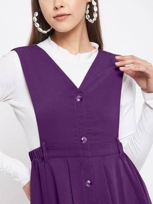 women purple solid pinafore dress with button 4