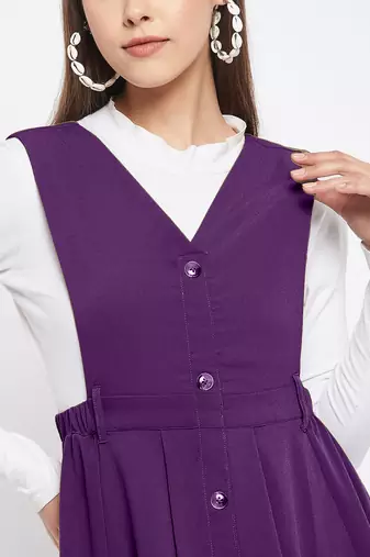 women purple solid pinafore dress with button