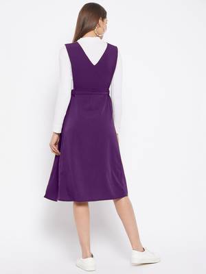women purple solid pinafore dress with button 5
