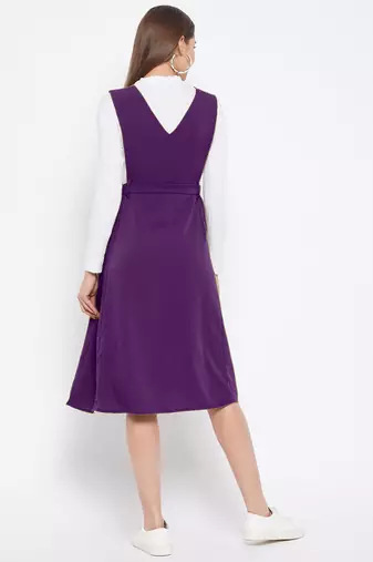 women purple solid pinafore dress with button