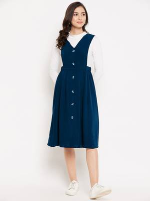 women blue solid pinafore dress with button 1