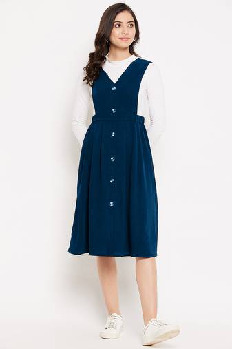women blue solid pinafore dress with button
