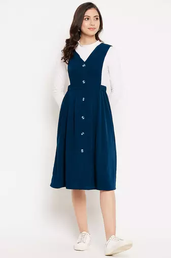 women blue solid pinafore dress with button