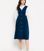 women blue solid pinafore dress with button