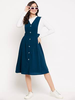 women blue solid pinafore dress with button 2