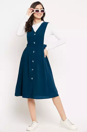 women blue solid pinafore dress with button
